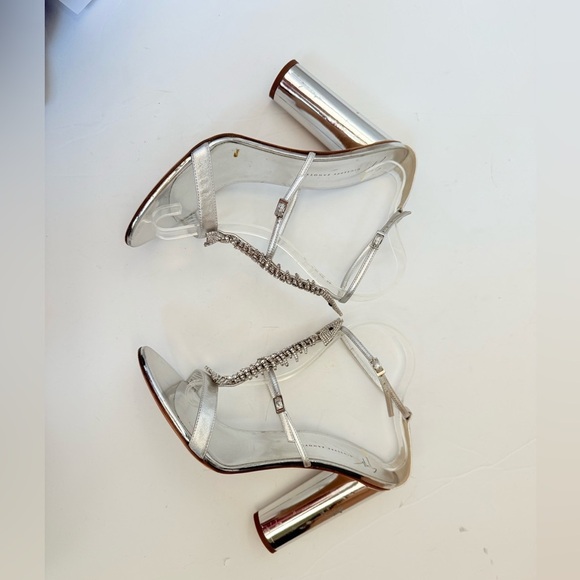 Giuseppe Zanotti Silver Leather Crystal embellished Fishbone Sandal Heels EU41.5 - Picture 10 of 12